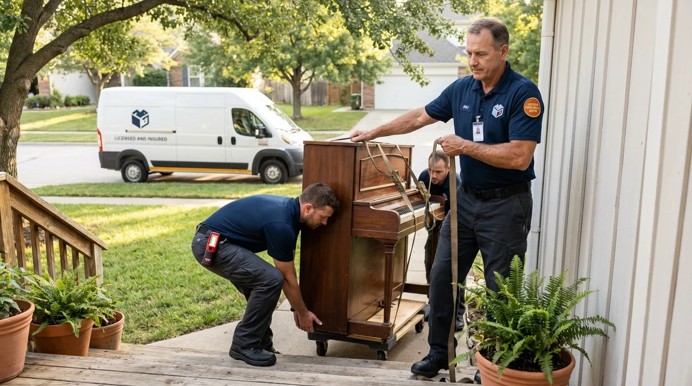 Licensed piano movers securing grand piano in Moab, UT