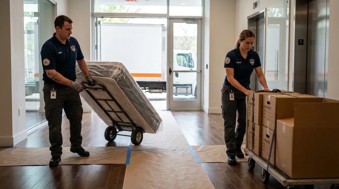 Professional apartment movers loading elevator in Moab, UT
