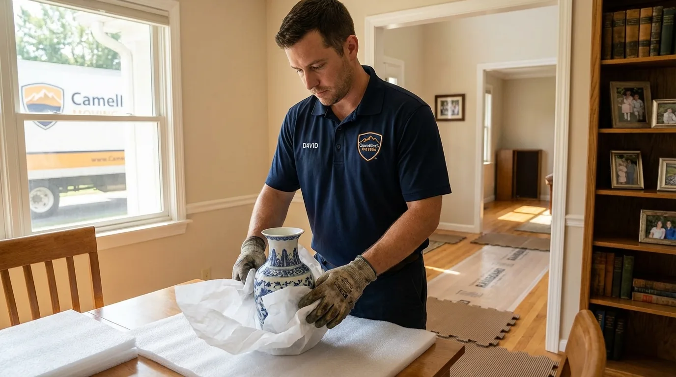 Professional crew carefully wrapping antique vase for senior downsizing move in Moab, UT